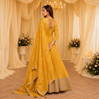 Mustard Yellow Viscose Jacquard Silk Embroidered Anarkali Suit