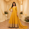 Mustard embroidered viscose jacquard silk Anarkali with dupatta