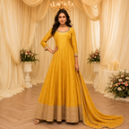 Mustard embroidered viscose jacquard silk Anarkali with dupatta