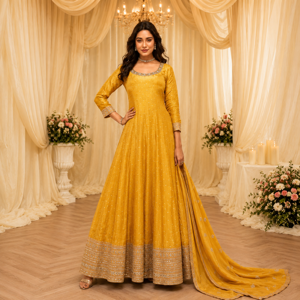 Mustard embroidered viscose jacquard silk Anarkali with dupatta