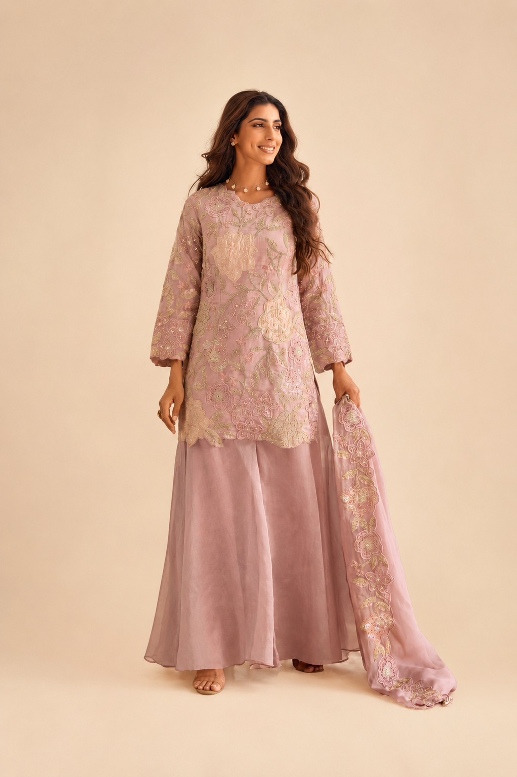 Dusty Pink Georgette Embroidered Anarkali Salwar Kameez with Palazzo and Dupatta – Front View