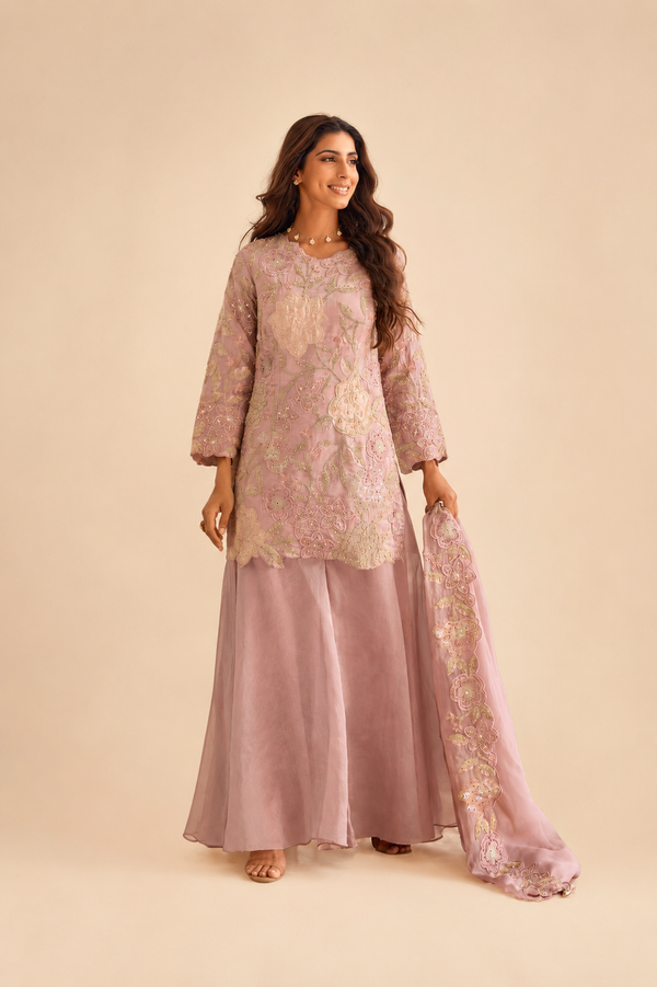 Dusty Pink Georgette Embroidered Anarkali Salwar Kameez with Palazzo and Dupatta – Front View