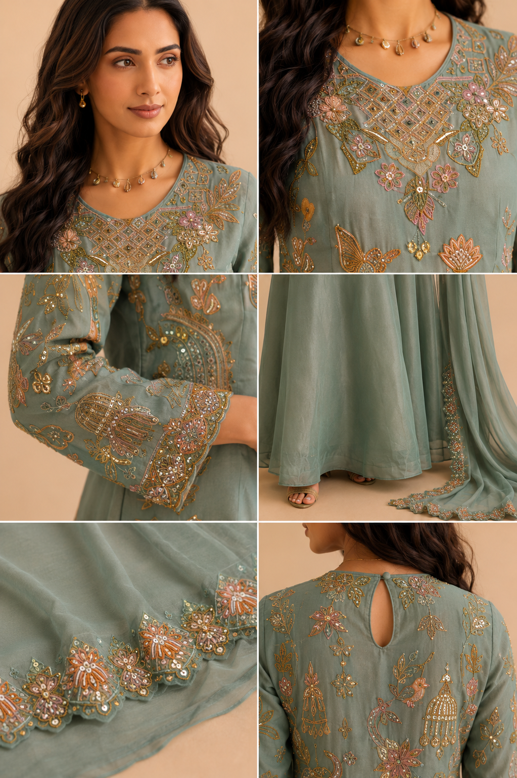 Sage Green Handwork Embroidery Neckline and Sleeve Close-Up