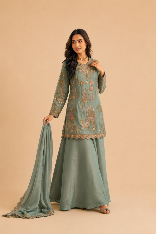 Sage Green Premium Simar Silk Pakistani Style Handwork Embroidered Palazzo Suit Front View