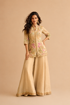 Champagne Beige Premium Simar Silk Pakistani Style Handwork Embroidered Palazzo Suit Front View