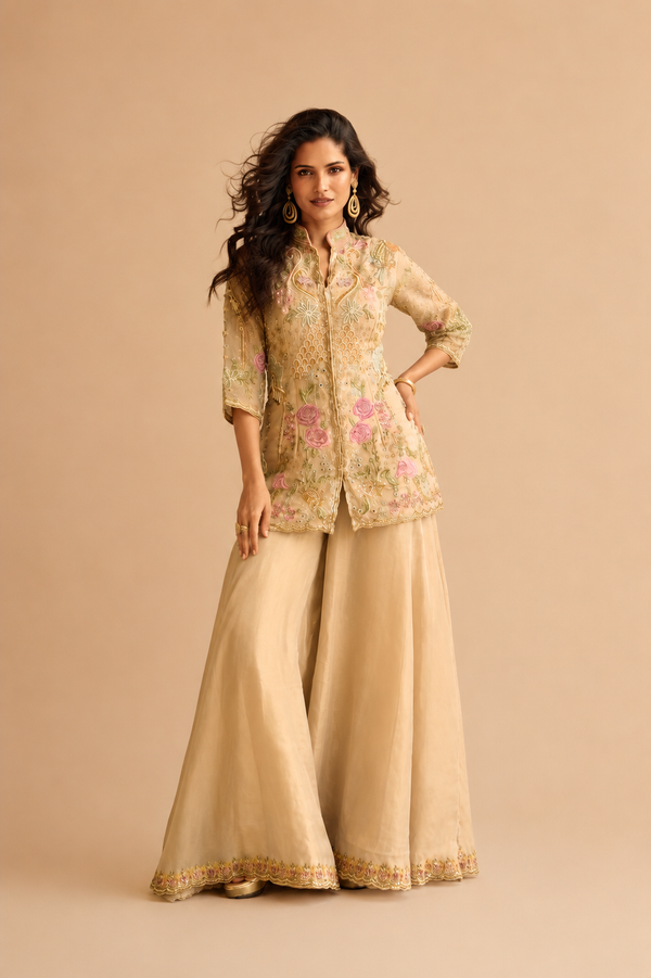 Champagne Beige Premium Simar Silk Pakistani Style Handwork Embroidered Palazzo Suit Front View