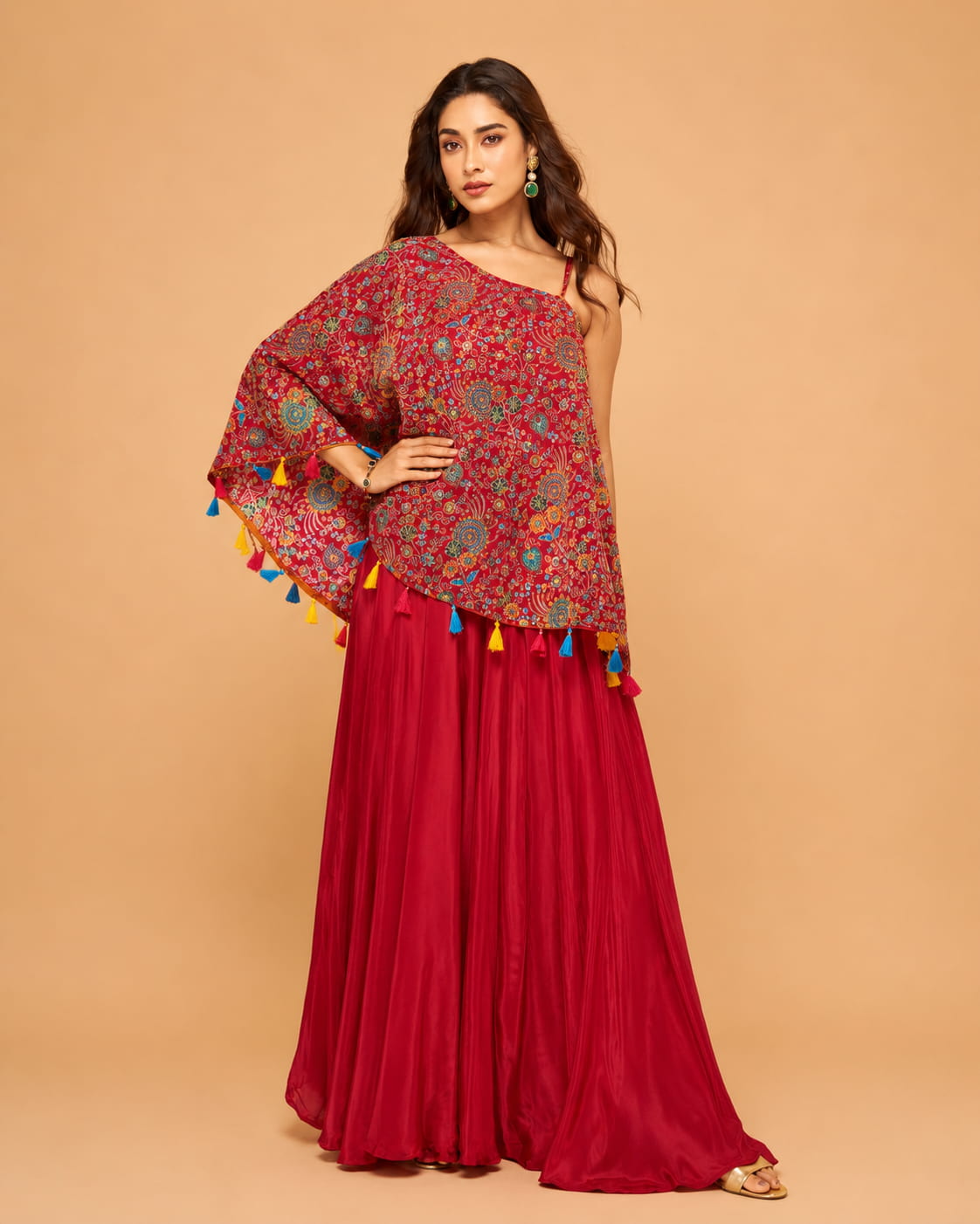 Crimson Red Premium Viscose Natural Crepe Embroidered Indo Western Palazzo Set