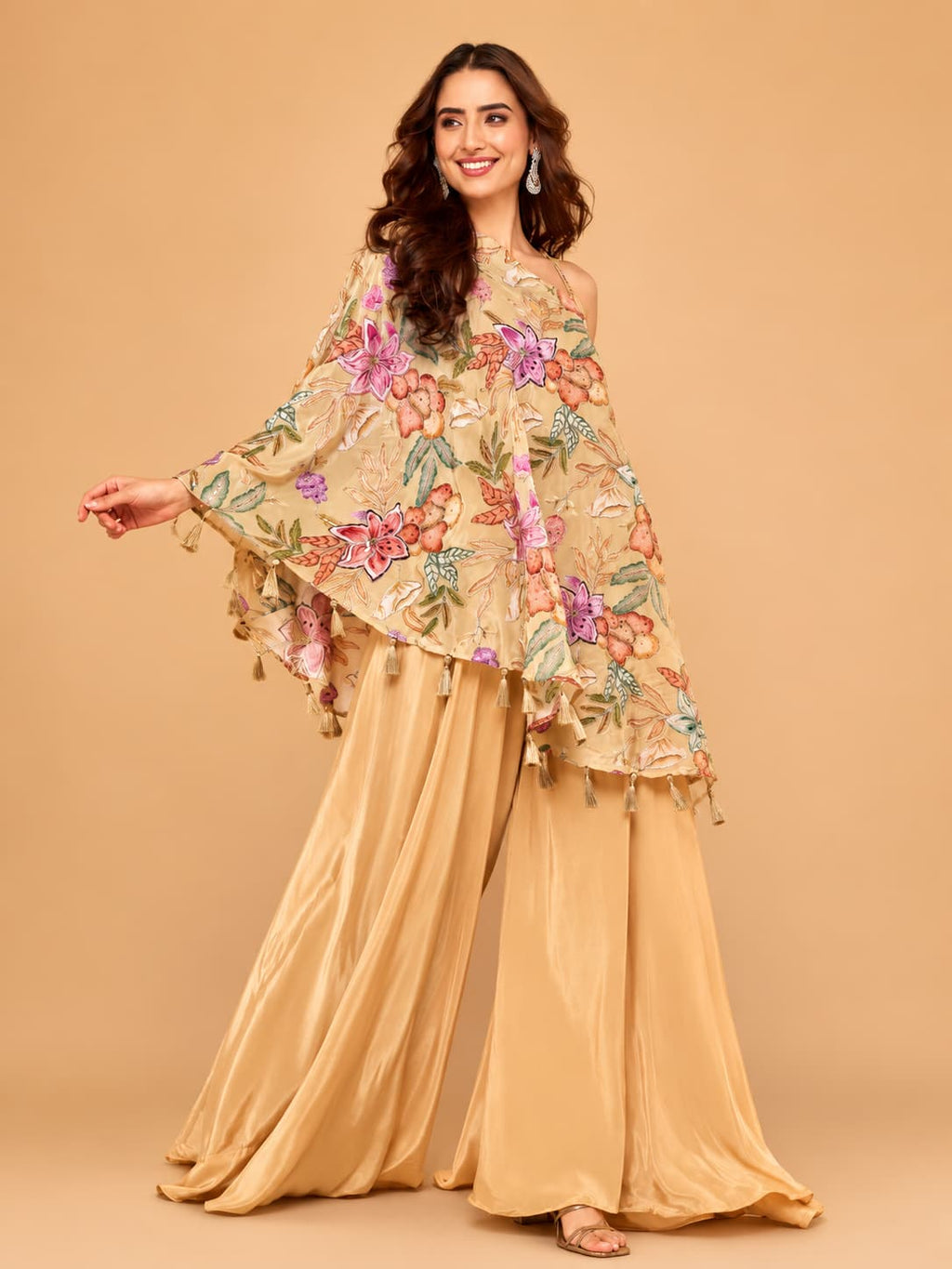 Close-up of floral embroidery and front design on Beige Gold Indo Western Top