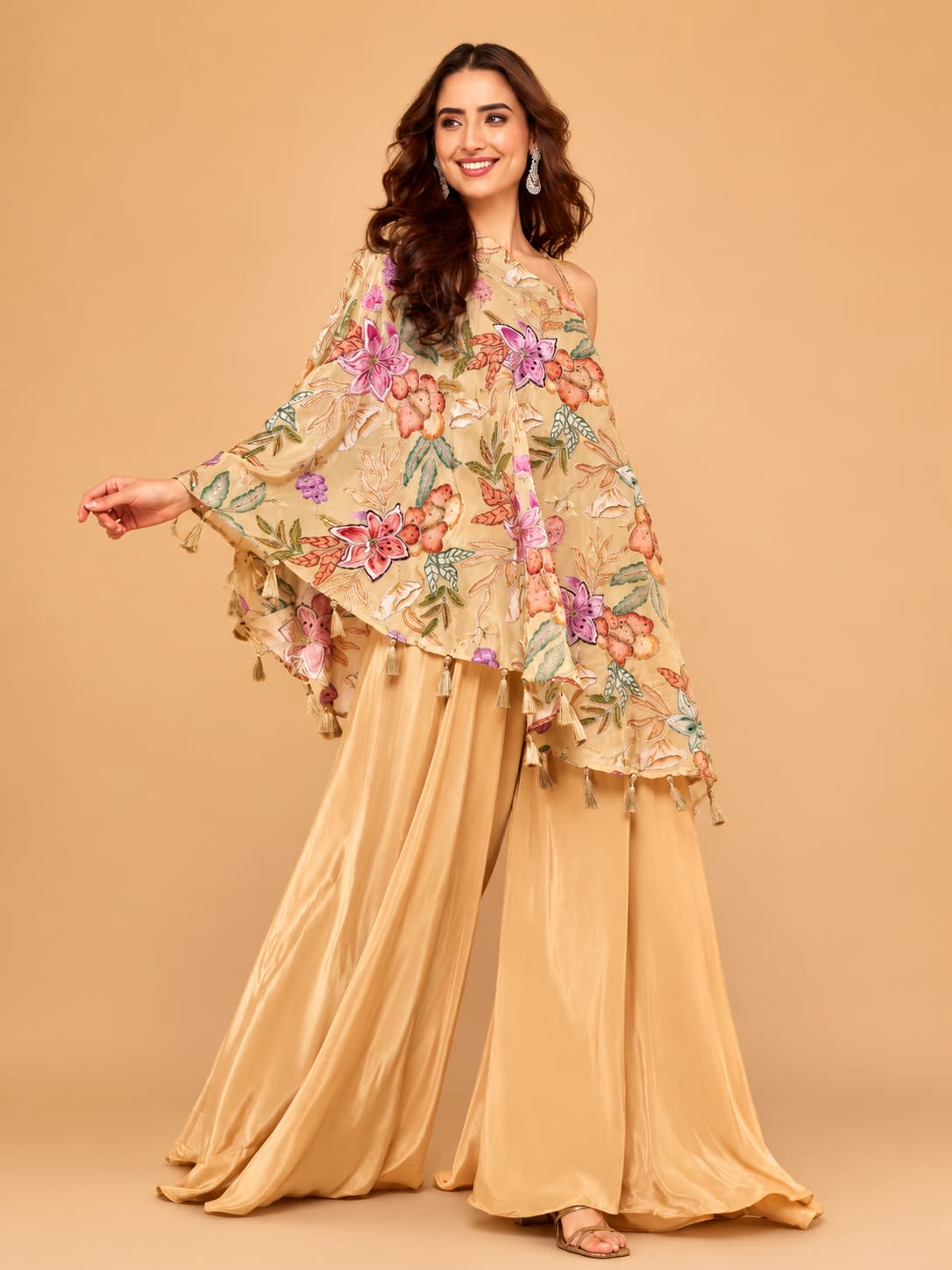 Close-up of floral embroidery and front design on Beige Gold Indo Western Top