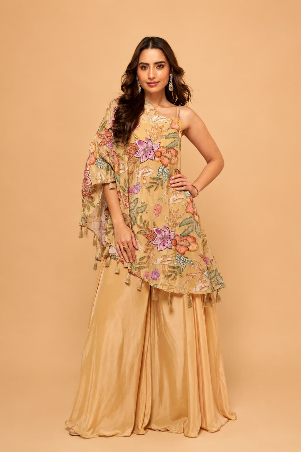 Beige Gold Premium Viscose Natural Crepe Embroidered Indo Western Palazzo Set