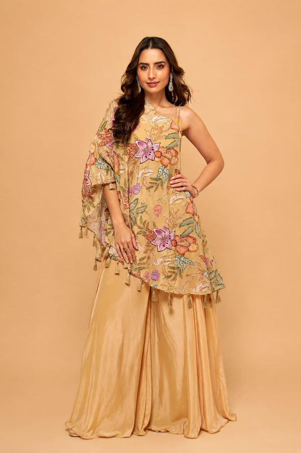 Beige Gold Premium Viscose Natural Crepe Embroidered Indo Western Palazzo Set