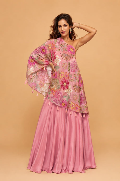 Blush Pink Premium Viscose Natural Crepe Embroidered Indo Western Palazzo Set