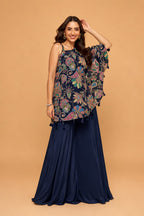 Navy Blue Premium Viscose Natural Crepe Embroidered Indo Western Palazzo Set
