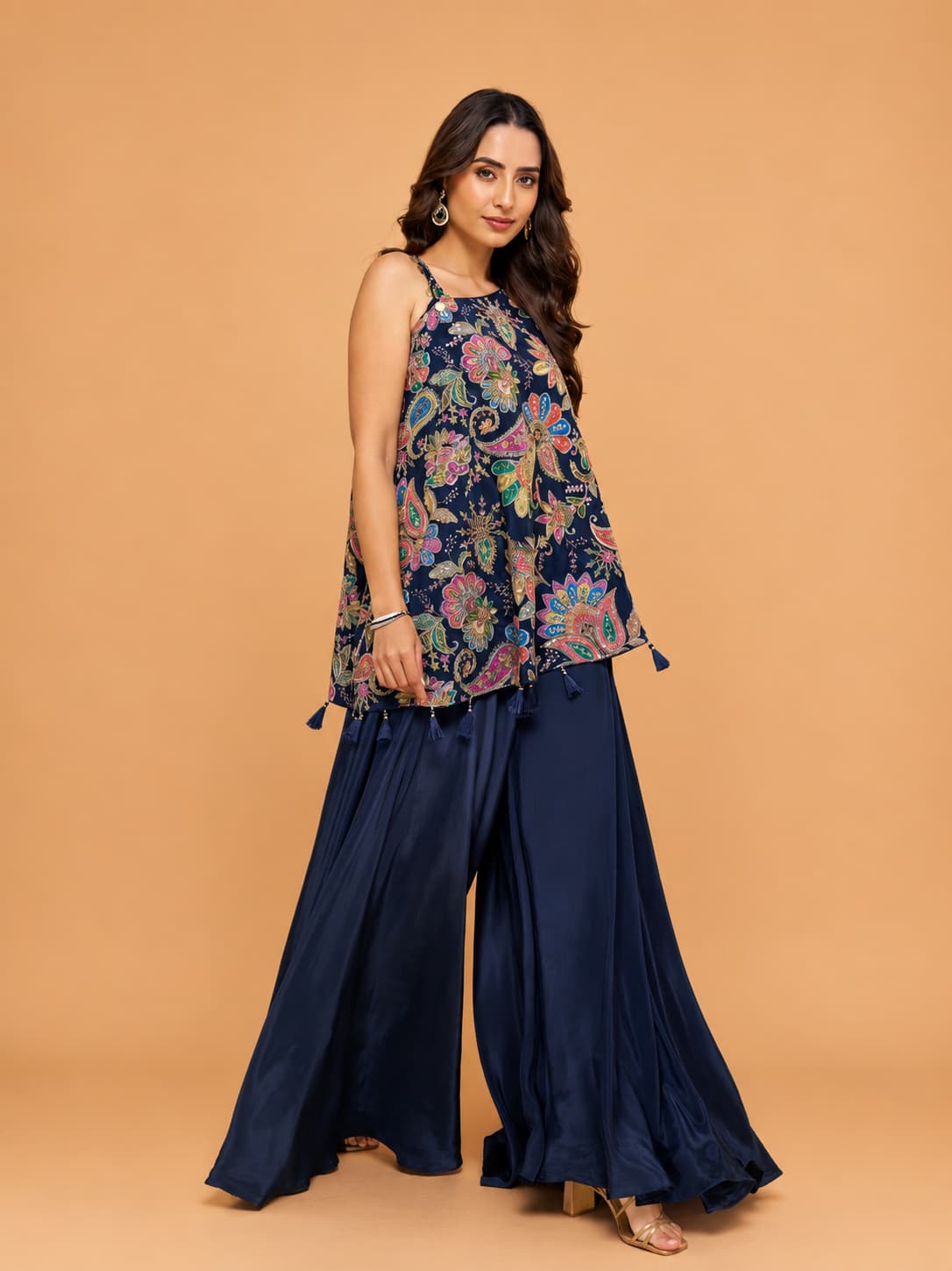 Close-up of floral embroidery and front design on Navy Blue Indo Western Top