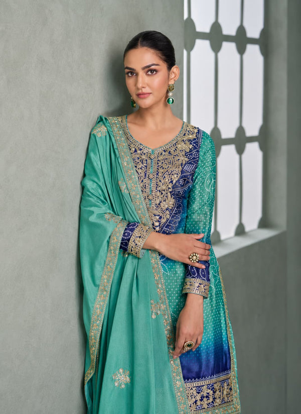 Aqua Blue & Royal Blue Premium Chinon Silk Embroidered Designer Sharara Suit