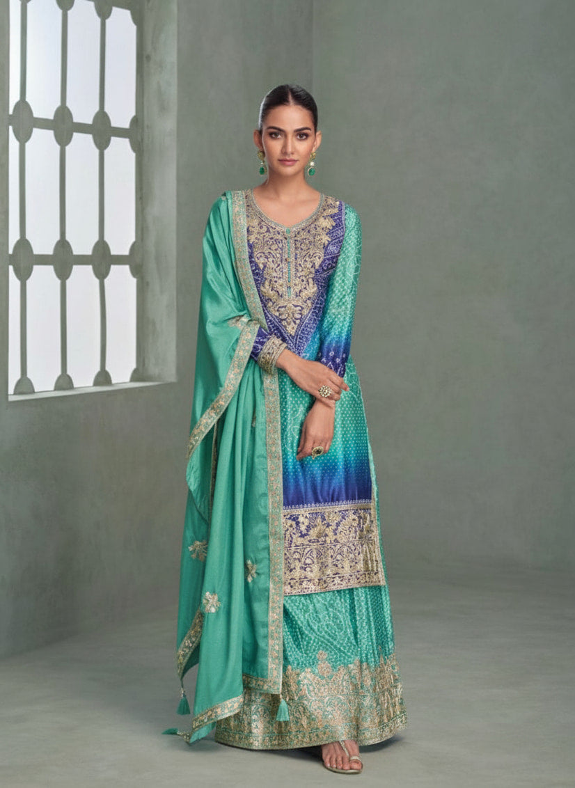 Aqua Blue & Royal Blue Premium Chinon Silk Embroidered Designer Sharara Suit