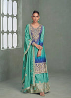 Aqua Blue & Royal Blue Premium Chinon Silk Embroidered Designer Sharara Suit