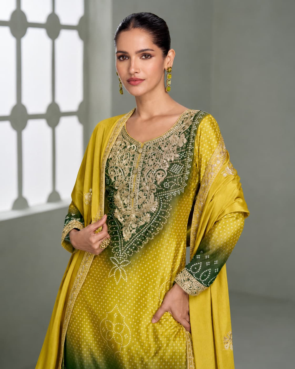 Mustard Yellow & Olive Green Premium Chinon Silk Embroidered Designer Sharara Suit