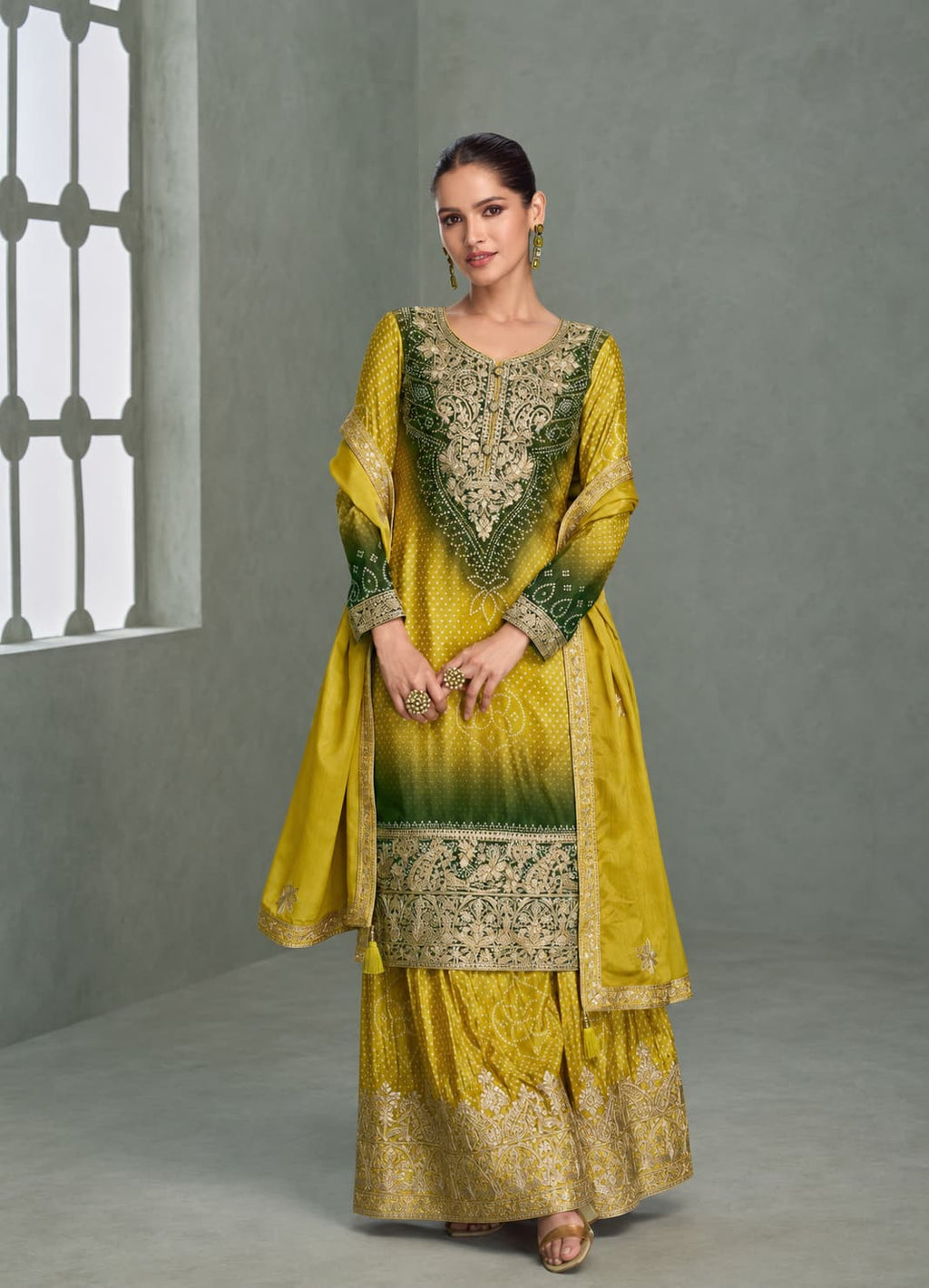 Mustard Yellow & Olive Green Premium Chinon Silk Embroidered Designer Sharara Suit