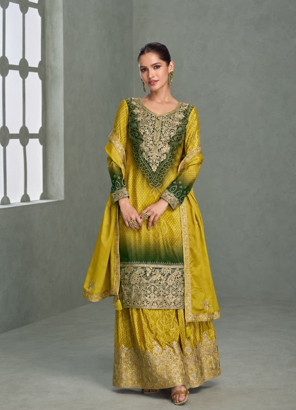 Mustard Yellow & Olive Green Premium Chinon Silk Embroidered Designer Sharara Suit