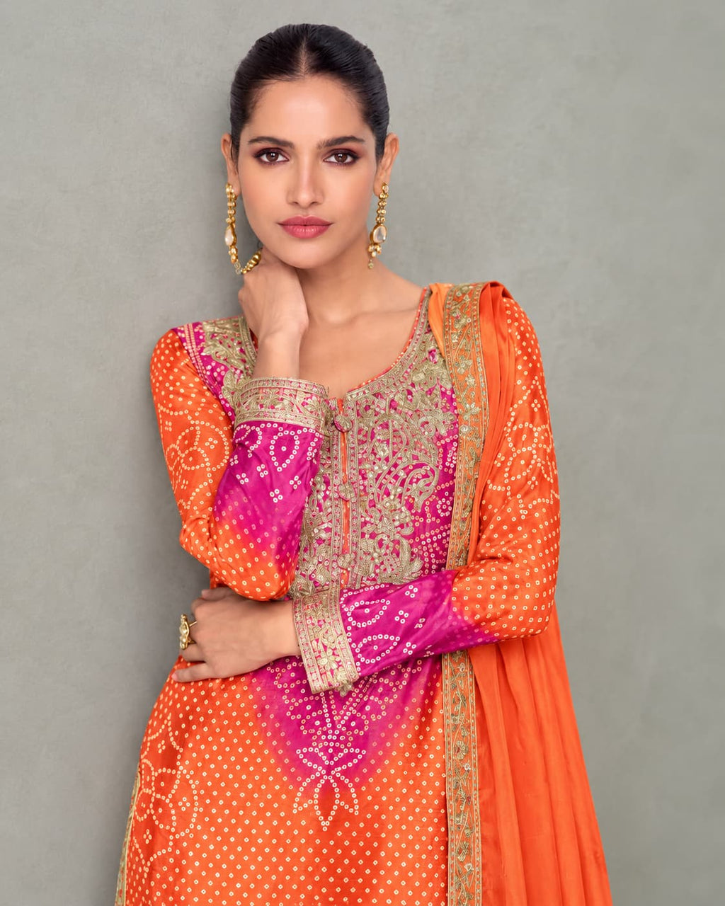 Coral Orange & Rani Pink Premium Chinon Silk Embroidered Designer Sharara Suit