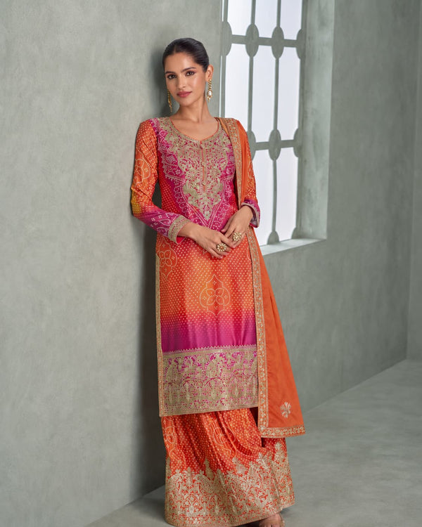 Coral Orange & Rani Pink Premium Chinon Silk Embroidered Designer Sharara Suit