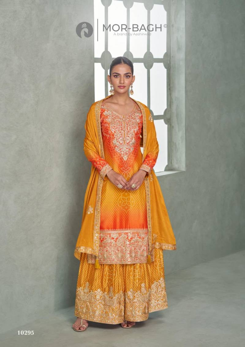 Marigold Yellow & Sunset Orange Premium Chinon Silk Embroidered Designer Sharara Suit
