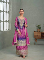 Orchid Pink & Royal Purple Premium Chinon Silk Embroidered Designer Sharara Suit