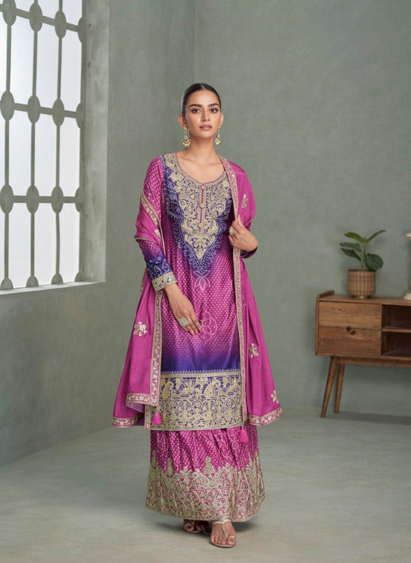 Orchid Pink & Royal Purple Premium Chinon Silk Embroidered Designer Sharara Suit