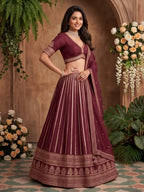 Wine Burgundy Heavy Zari Embroidered Silk Readymade Lehenga Choli - Front View
