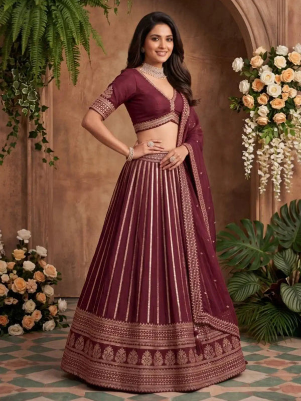 Wine Burgundy Heavy Zari Embroidered Silk Readymade Lehenga Choli - Front View