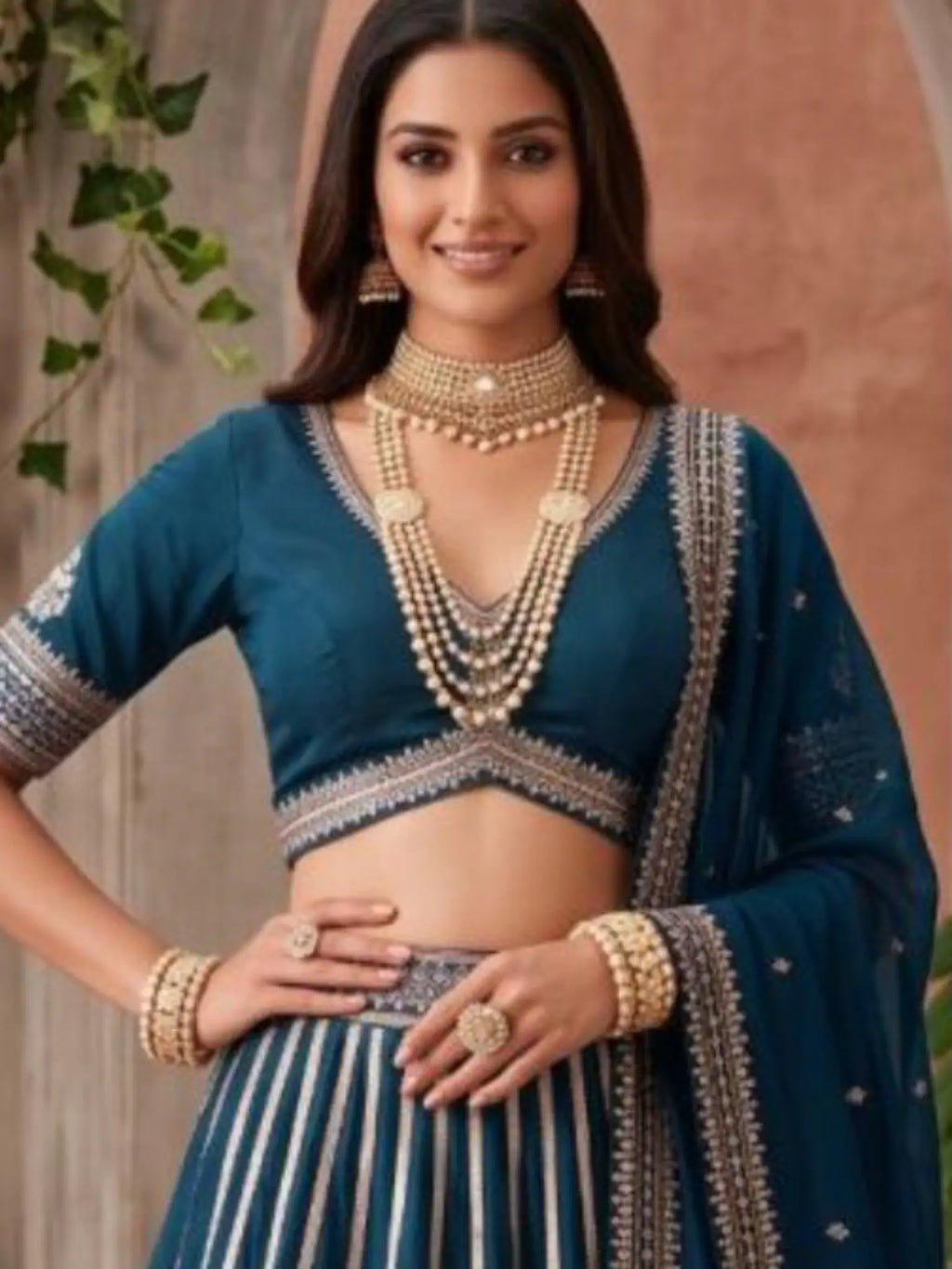 Teal Peacock Blue Heavy Zari Embroidered Silk Readymade Lehenga Choli - Angle View 1