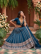 Teal Peacock Blue Heavy Zari Embroidered Silk Readymade Lehenga Choli - Angle View 3