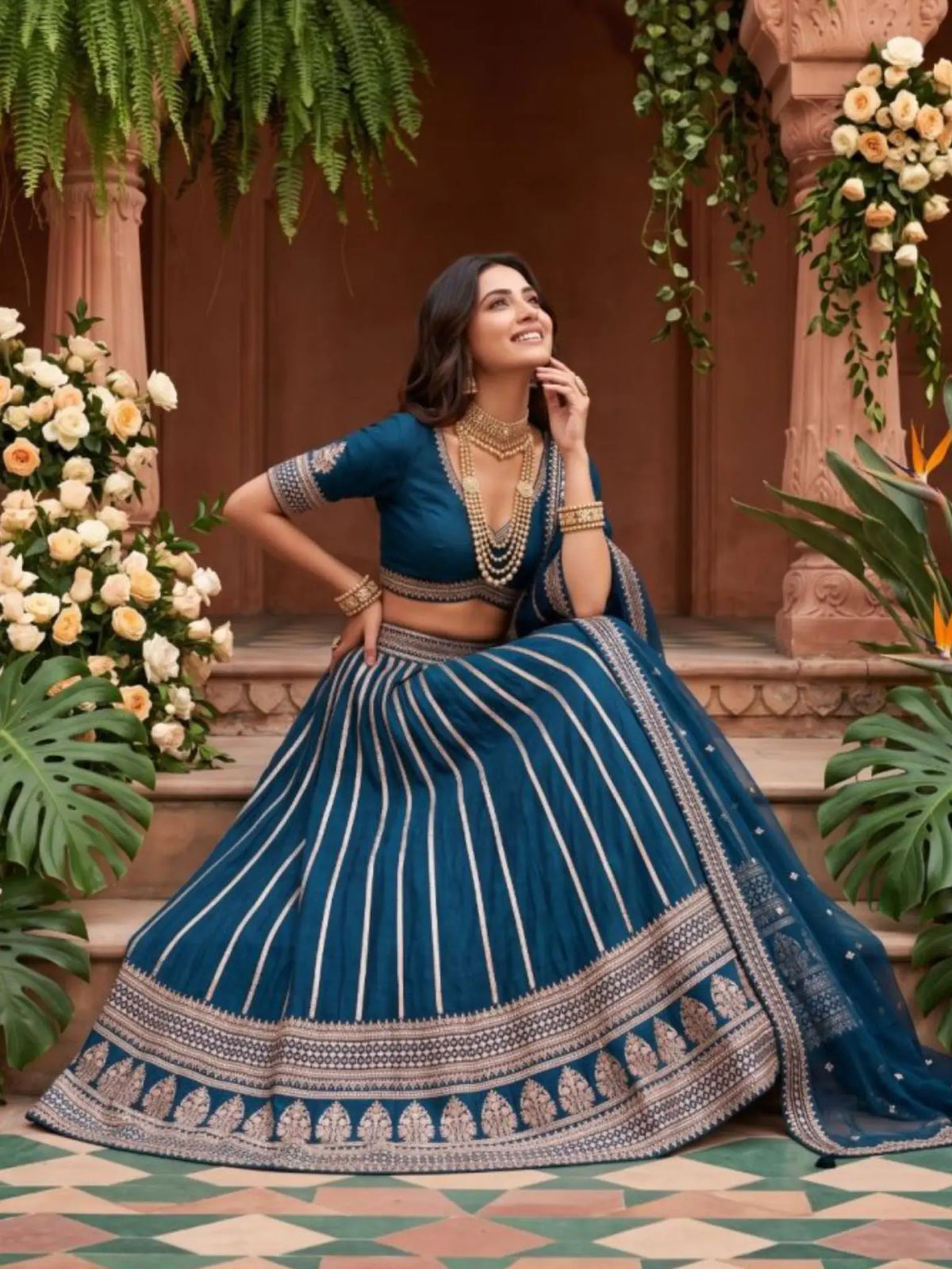 Teal Peacock Blue Heavy Zari Embroidered Silk Readymade Lehenga Choli - Angle View 3