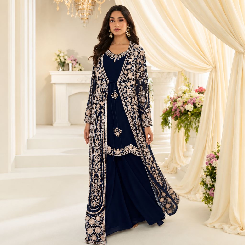 Royal Navy Chinon Silk Embroidered Gown With Designer Jacket
