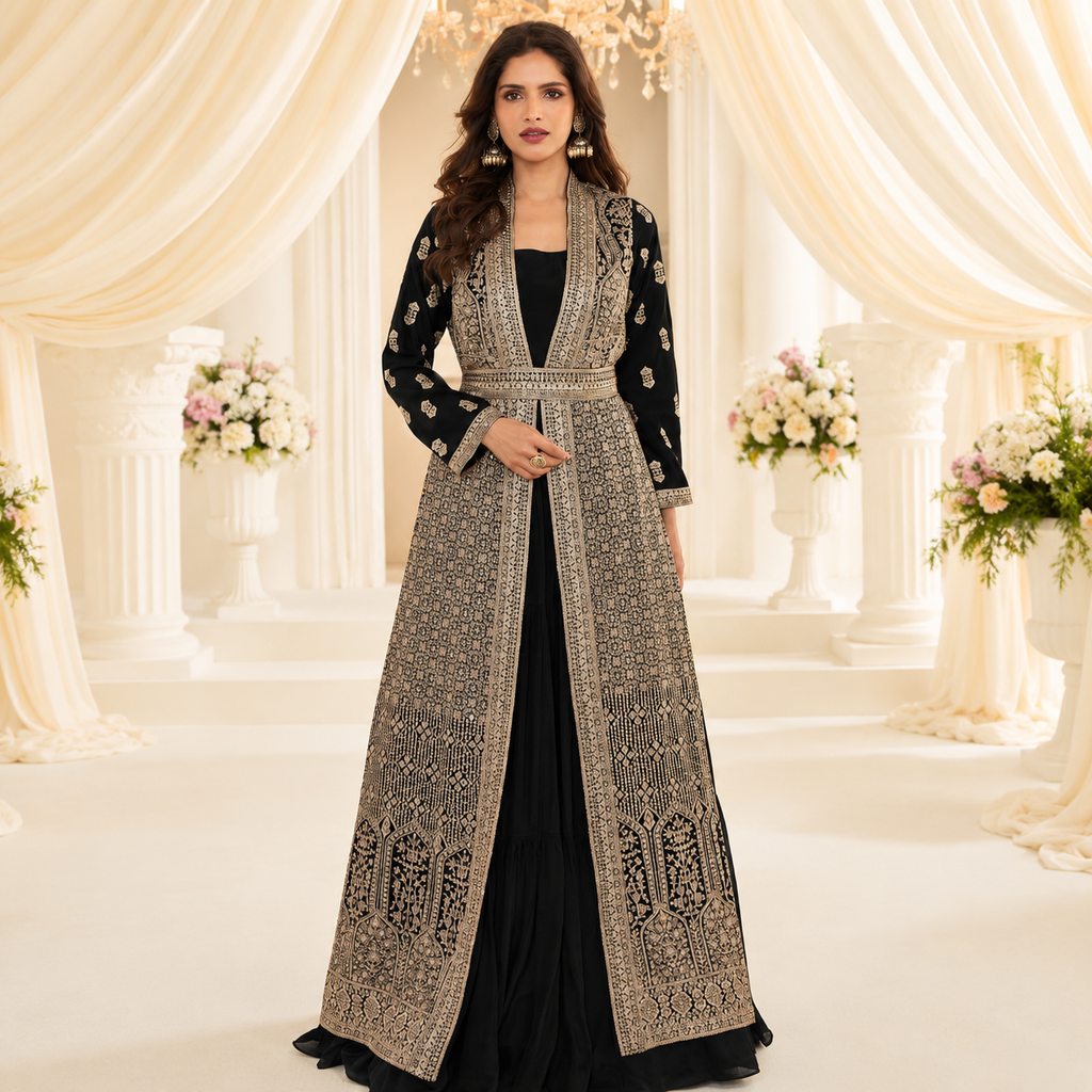 Midnight Black Embroidered Gown With Statement Jacket