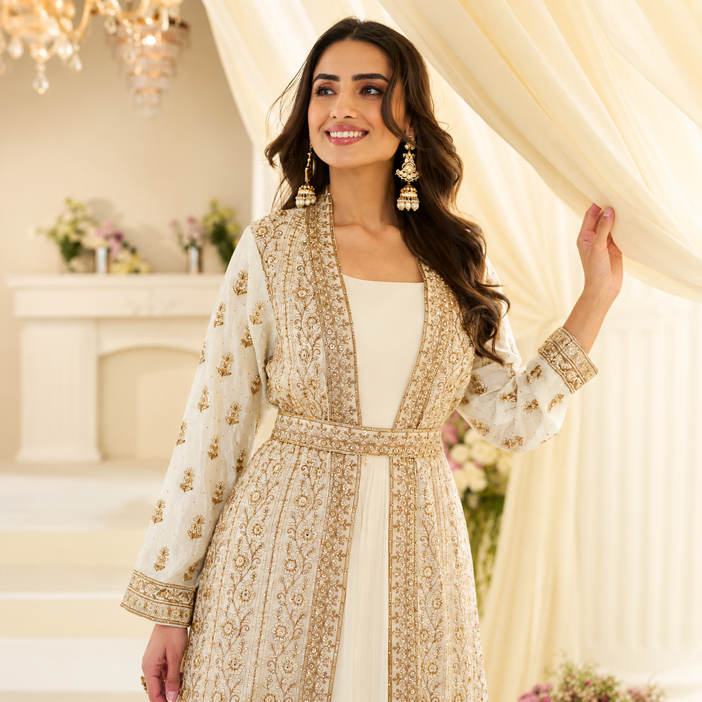 Ivory Gold Embroidered Festive Gown With Jacket