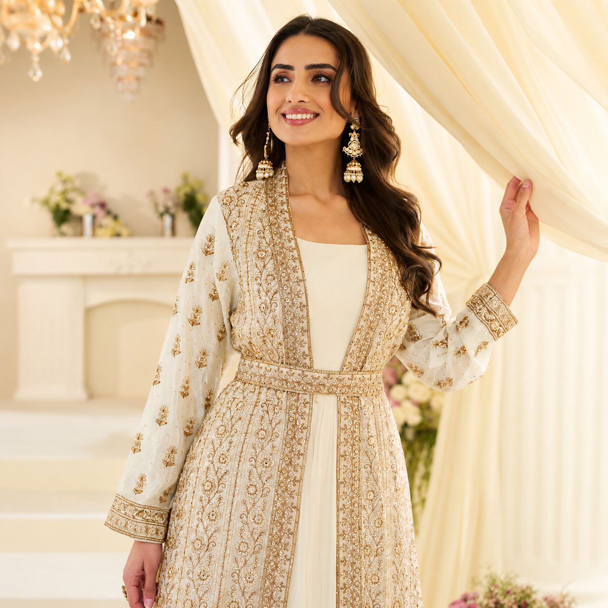 Ivory Gold Embroidered Festive Gown With Jacket