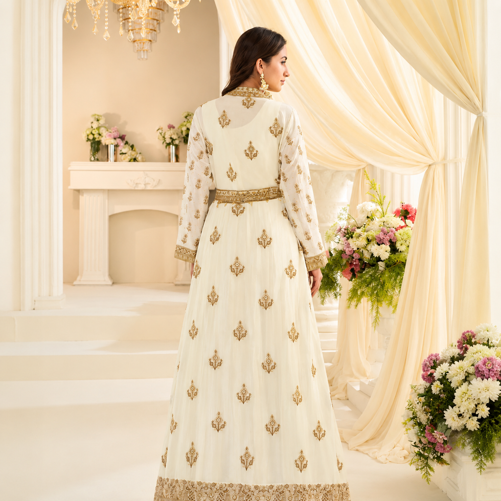 Ivory Gold Embroidered Festive Gown With Jacket