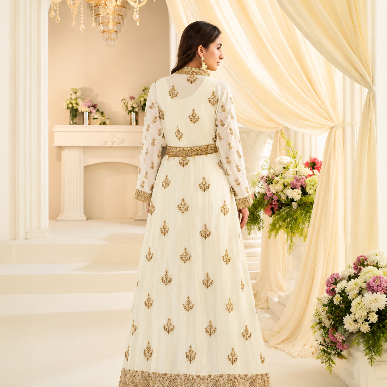 Ivory Gold Embroidered Festive Gown With Jacket