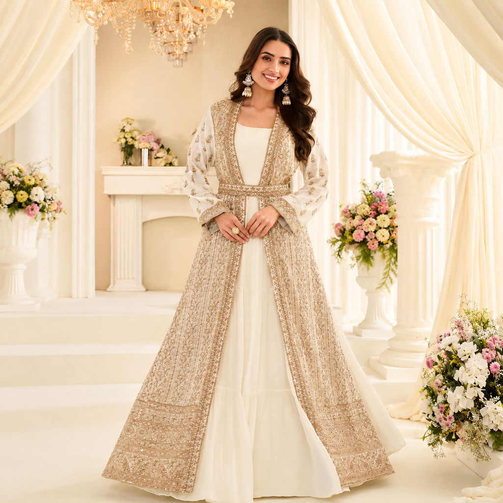 Ivory Gold Embroidered Festive Gown With Jacket