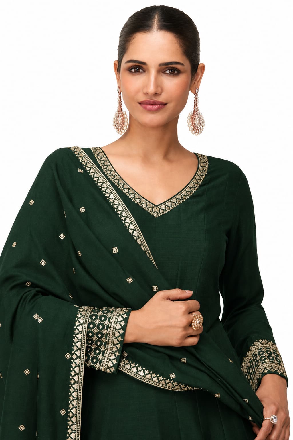 Dark Green Silk Embroidered Anarkali Suit