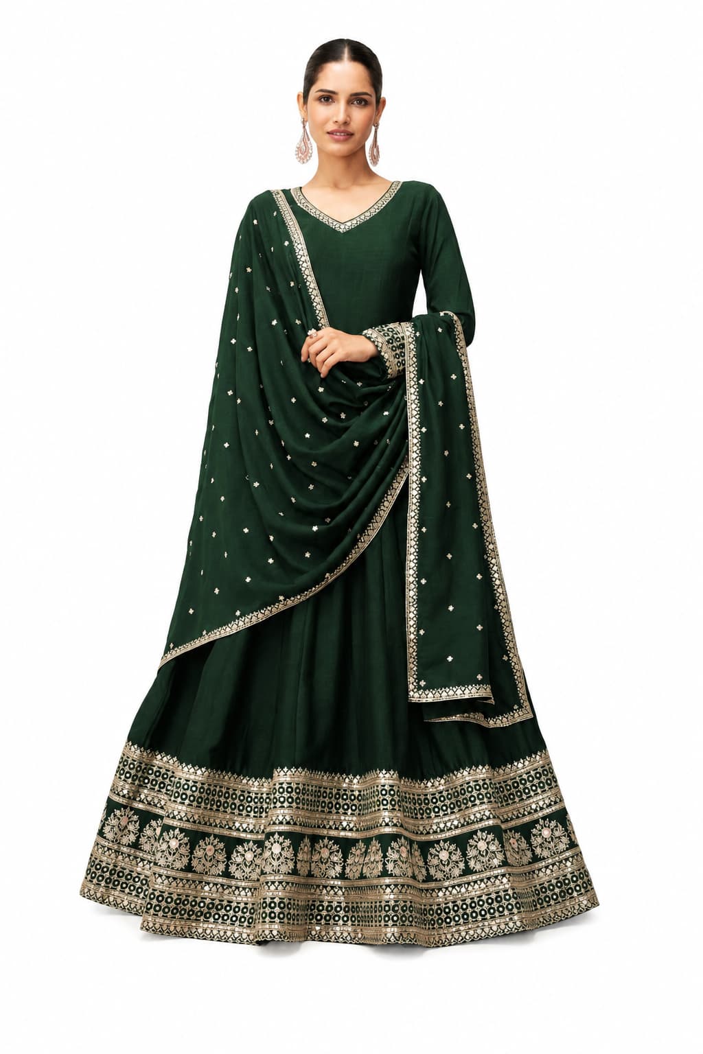 Dark Green Silk Embroidered Anarkali Suit