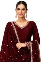 Maroon Silk Embroidered Anarkali Suit