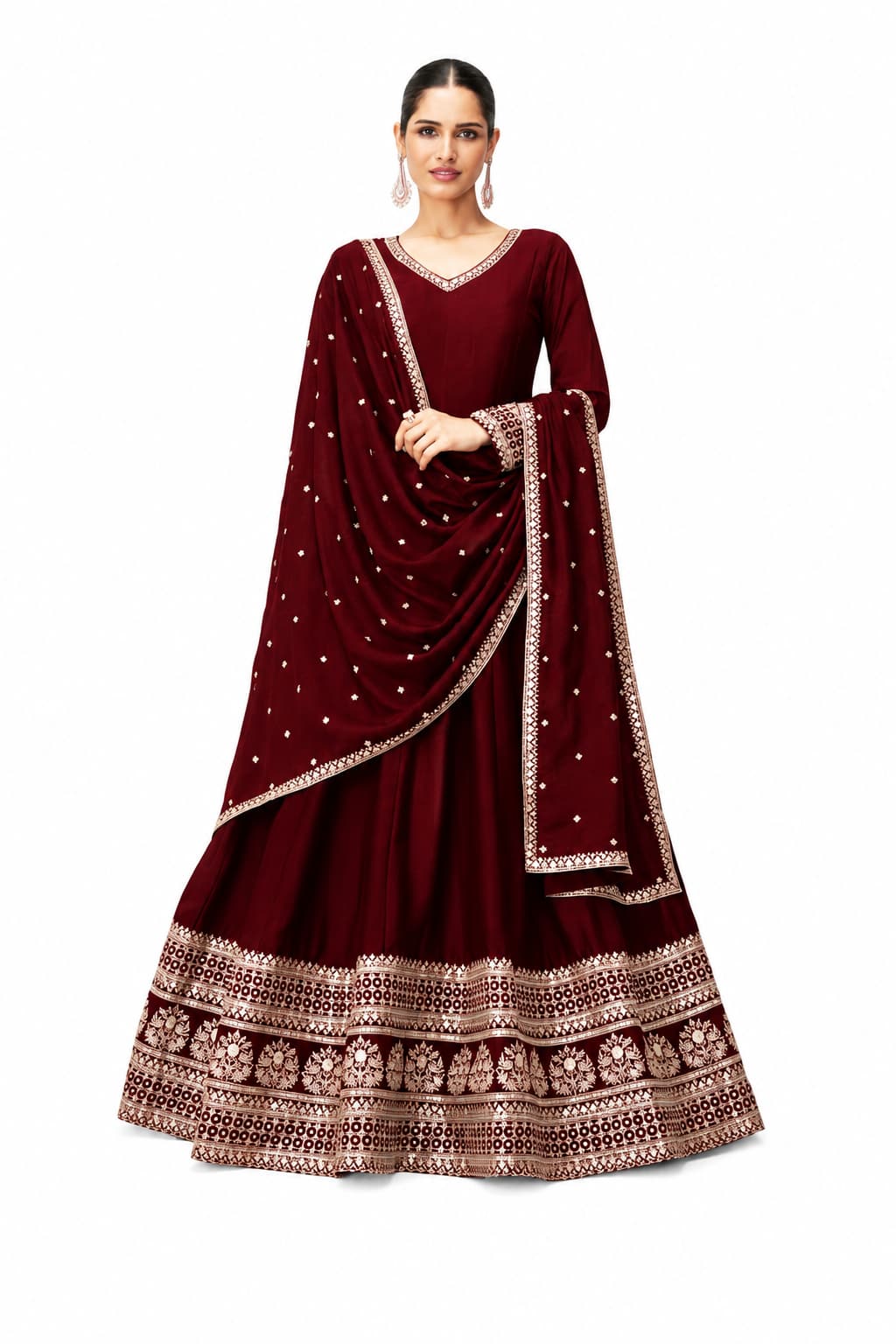 Maroon Silk Embroidered Anarkali Suit