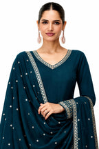 Teal Blue Silk Embroidered Anarkali Suit