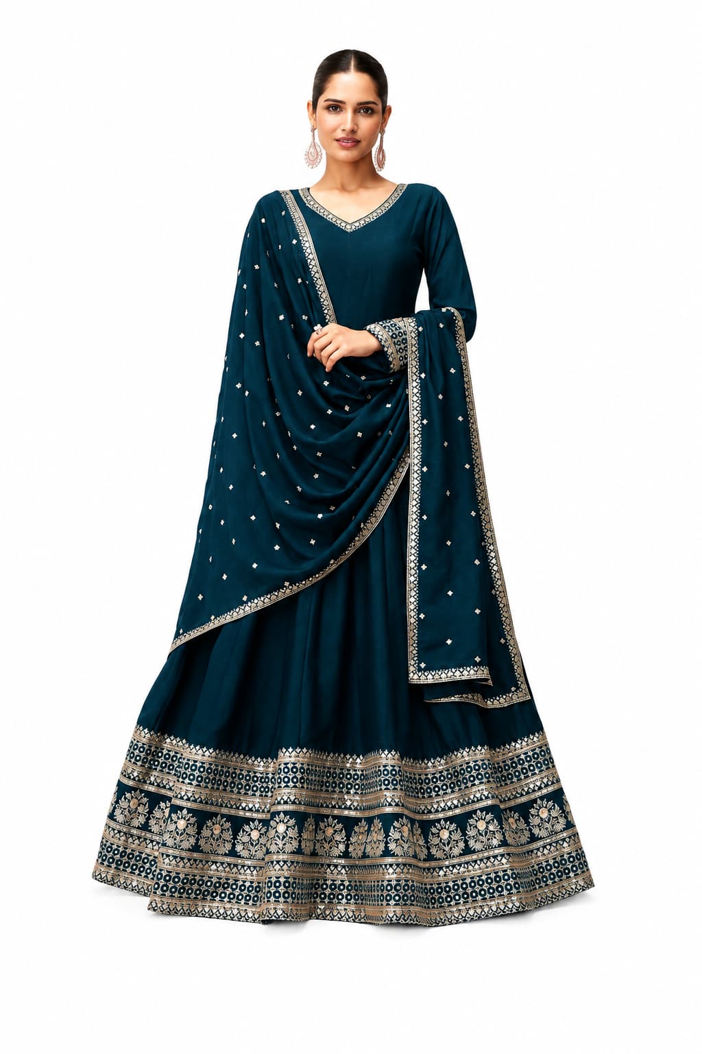 Teal Blue Silk Embroidered Anarkali Suit