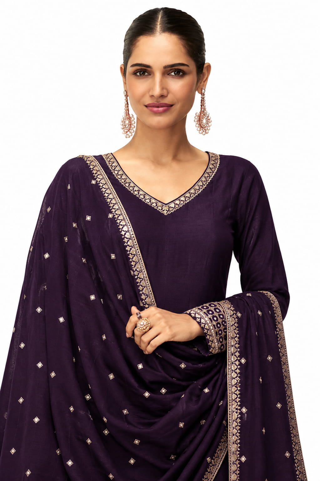 Deep Purple Silk Embroidered Anarkali Suit