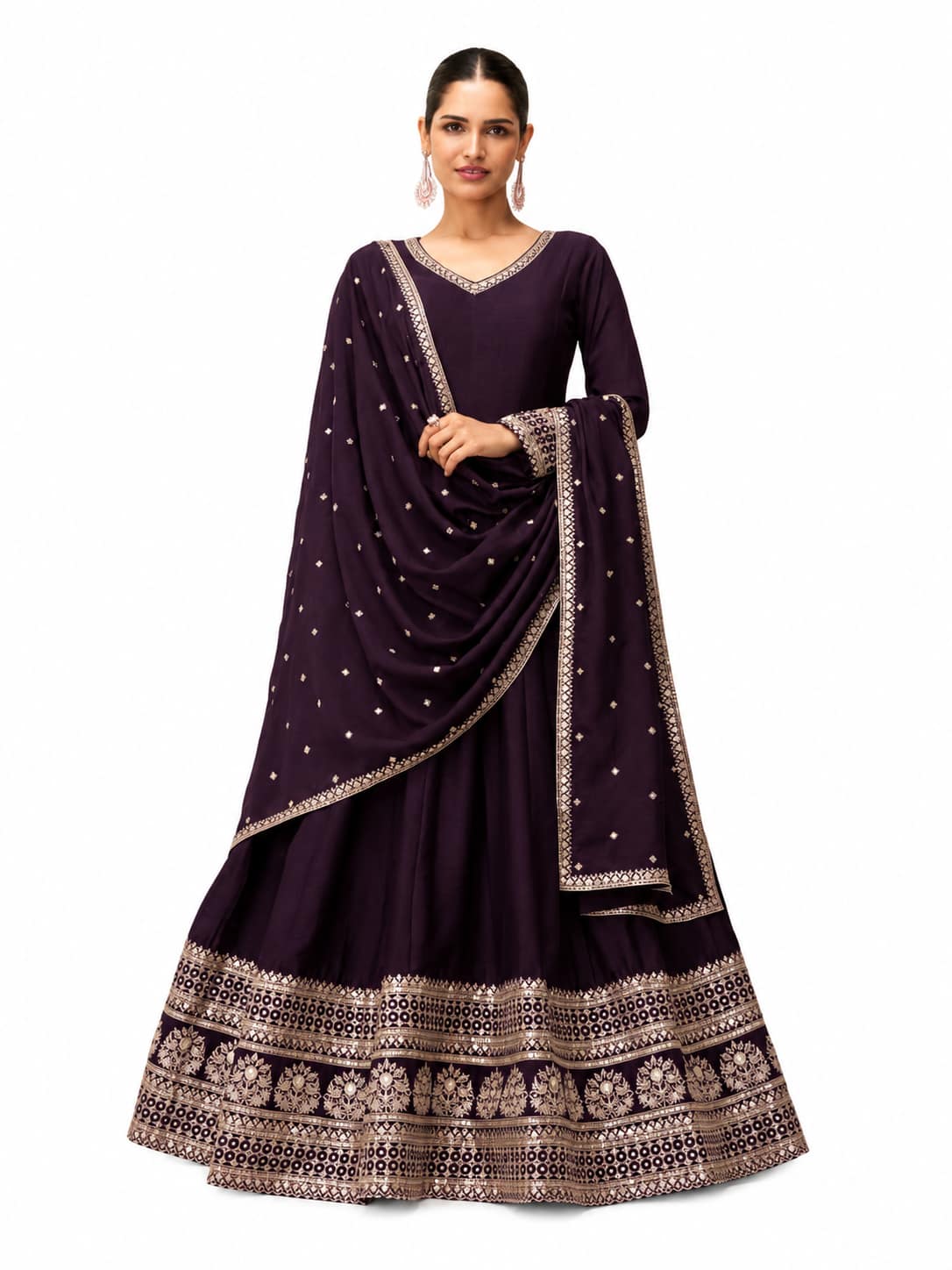 Deep Purple Silk Embroidered Anarkali Suit