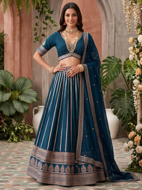 Teal Peacock Blue Heavy Zari Embroidered Silk Readymade Lehenga Choli - Front View